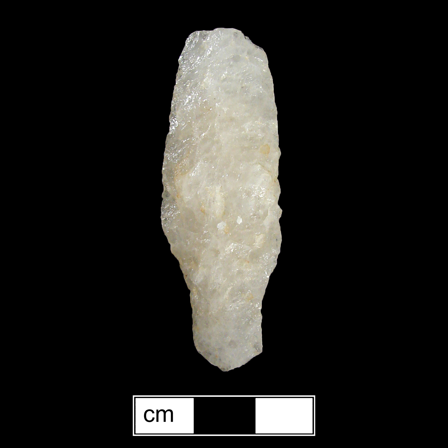 Image of stone projectile point made of Quartz, Contracting Stem shape, with a Straight stem, Excurvate blade, and Convex base shape. Poplar Island type.