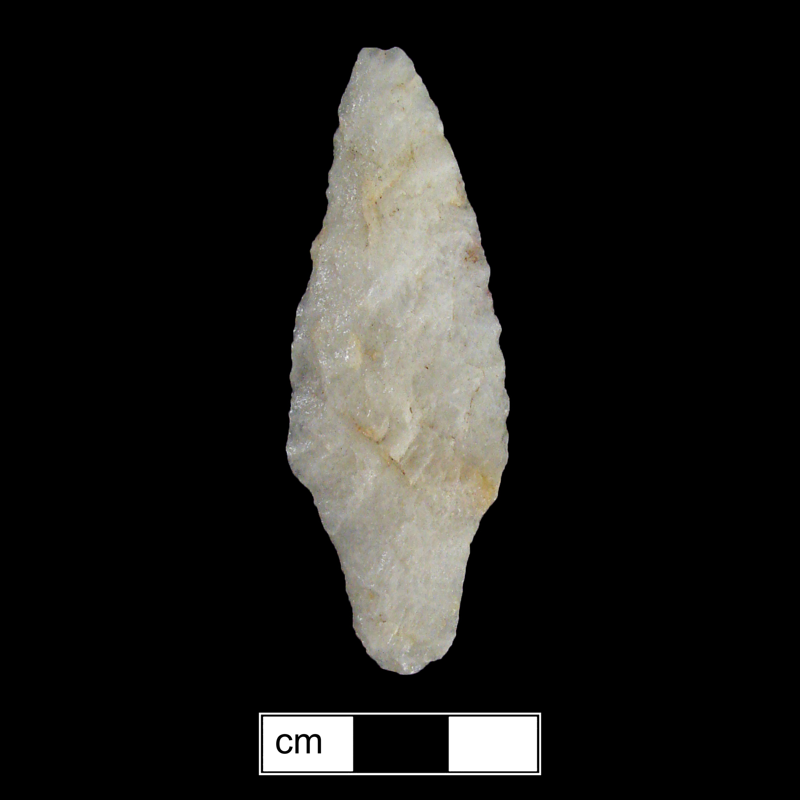Image of stone projectile point made of Quartz, Contracting Stem shape, with a Contracting stem, Excurvate blade, and Convex base shape. Poplar Island type.