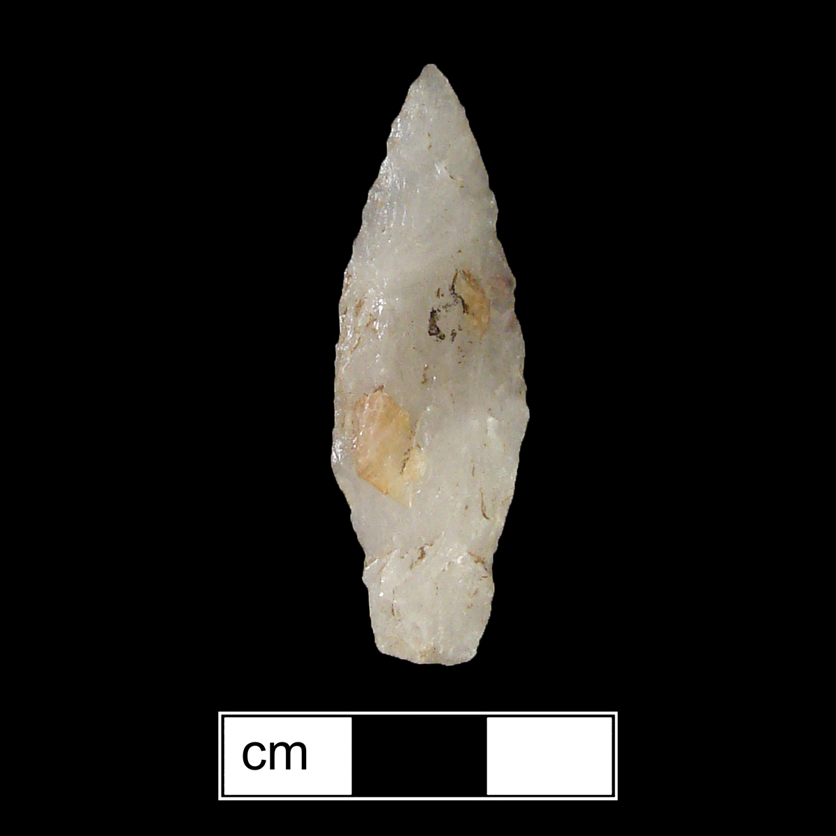 Image of stone projectile point made of Quartz, Contracting Stem shape, with a Contracting stem, Excurvate blade, and Straight base shape. Poplar Island type.