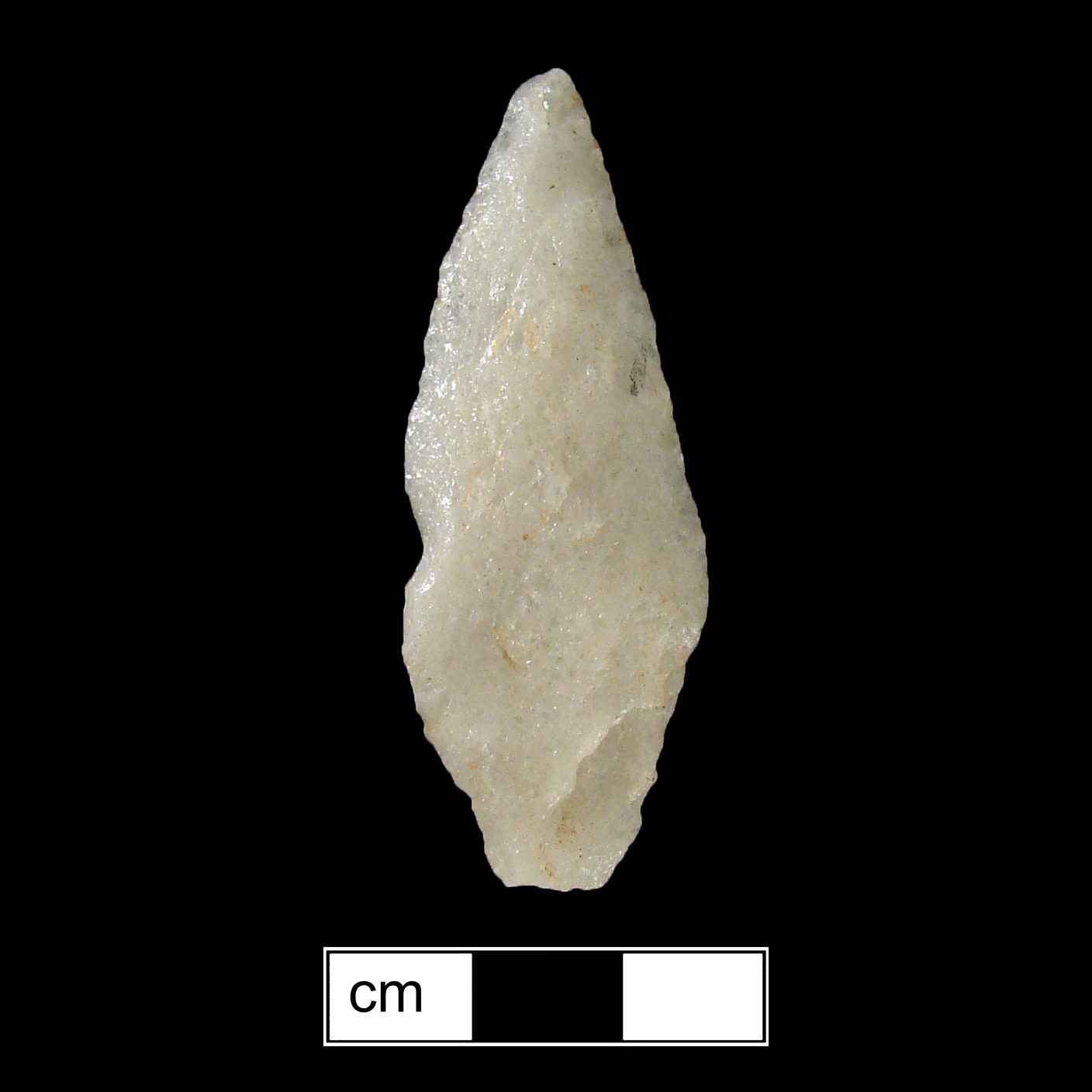 Image of stone projectile point made of Quartz, Contracting Stem shape, with a Contracting stem, Excurvate blade, and Straight base shape. Poplar Island type.