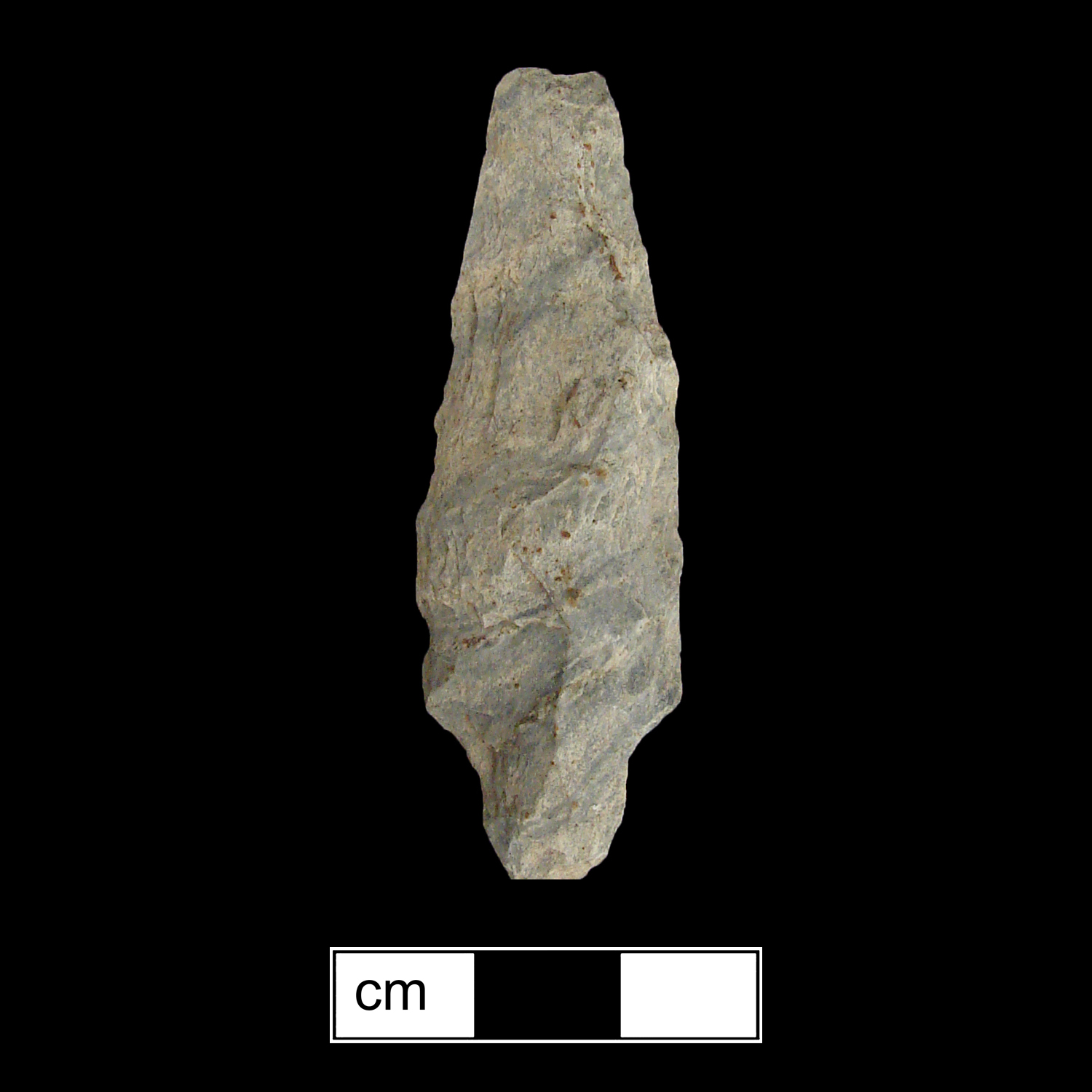 Image of stone projectile point made of Rhyolite, Contracting Stem shape, with a Straight stem, Excurvate blade, and Straight base shape. Poplar Island type.