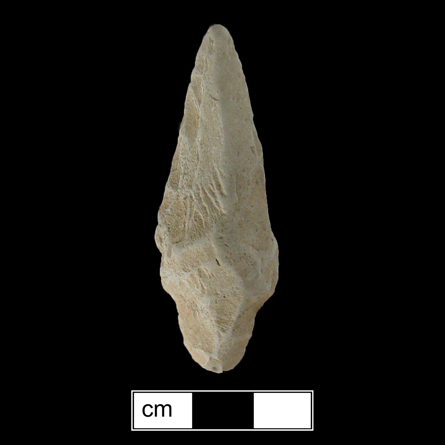 Image of stone projectile point made of Argillite, Contracting Stem shape, with a Contracting stem, Straight blade, and Convex base shape. Poplar Island type.