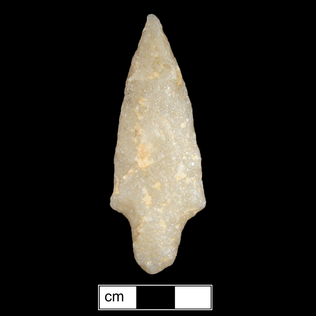 Image of stone projectile point made of Quartzite, Contracting Stem shape, with a Contracting stem, Excurvate blade, and Convex base shape. Poplar Island type.