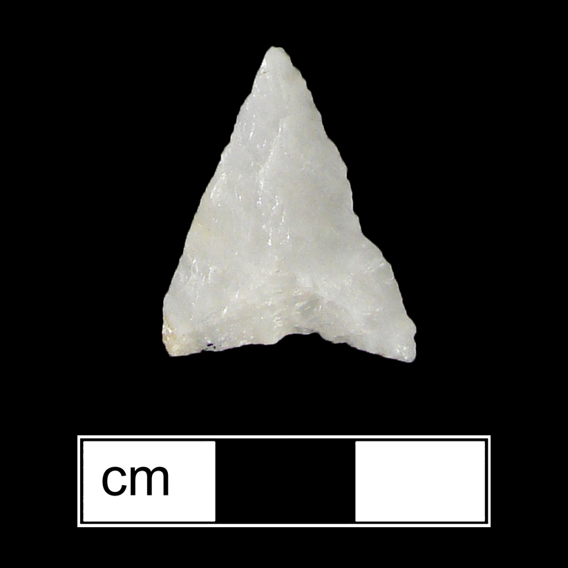 Image of stone projectile point made of Quartz, Triangular shape, with a N/A stem, Straight blade, and Concave base shape. Potomac type.