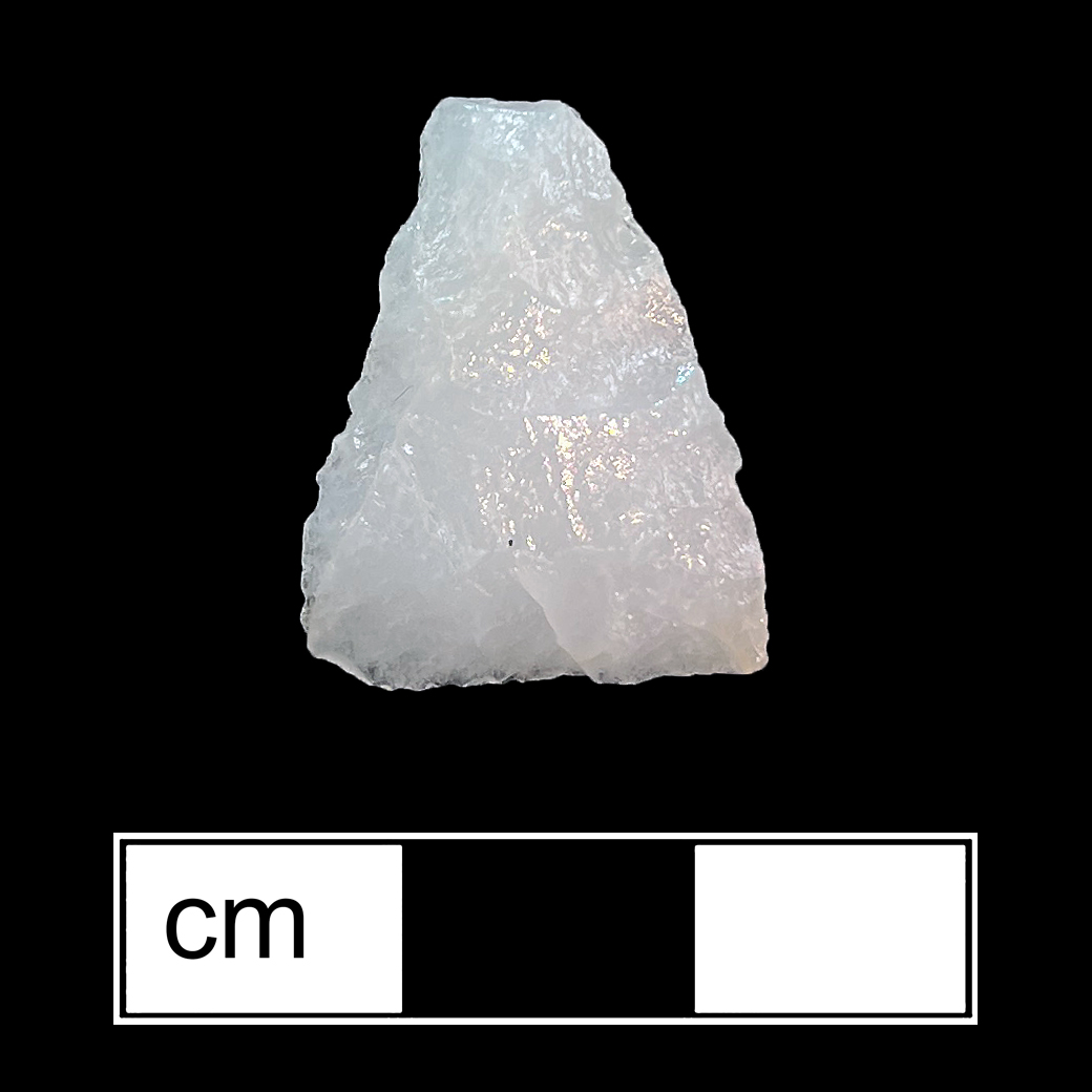 Image of stone projectile point made of Quartz, Triangular shape, with a N/A stem, Straight blade, and Straight base shape. Potomac type.