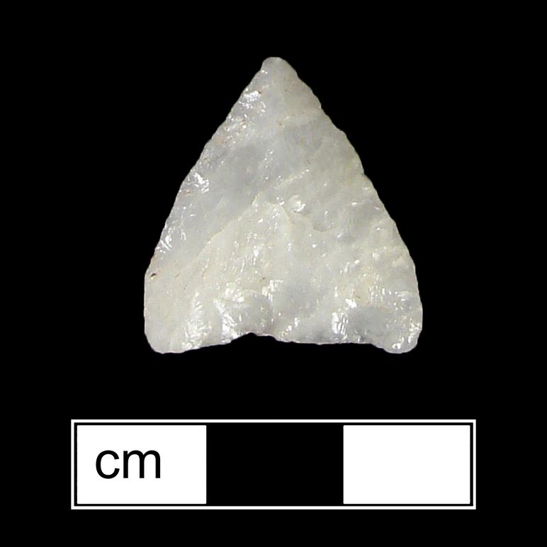 Image of stone projectile point made of Quartz, Triangular shape, with a N/A stem, Excurvate blade, and Concave base shape. Potomac type.