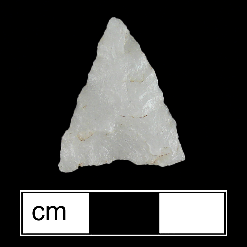 Image of stone projectile point made of Quartz, Triangular shape, with a N/A stem, Straight blade, and Concave base shape. Potomac type.