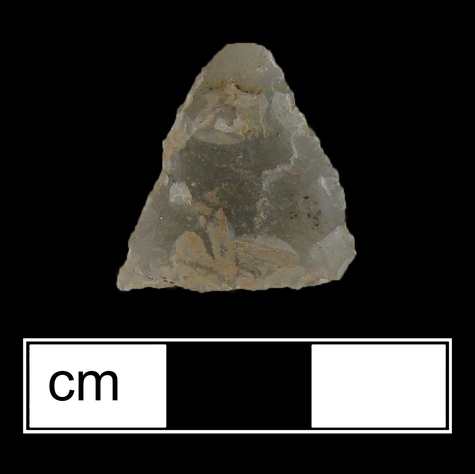 Image of stone projectile point made of Quartz/chalcedony, Triangular shape, with a N/A stem, Excurvate blade, and Straight base shape. Potomac type.