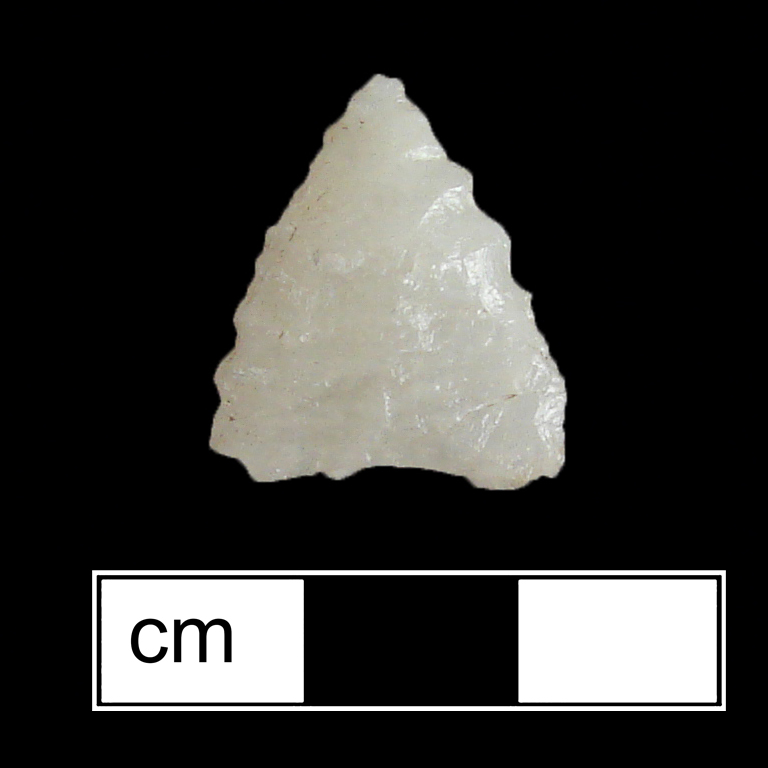 Image of stone projectile point made of Quartz, Triangular shape, with a N/A stem, Excurvate blade, and Concave base shape. Potomac type.