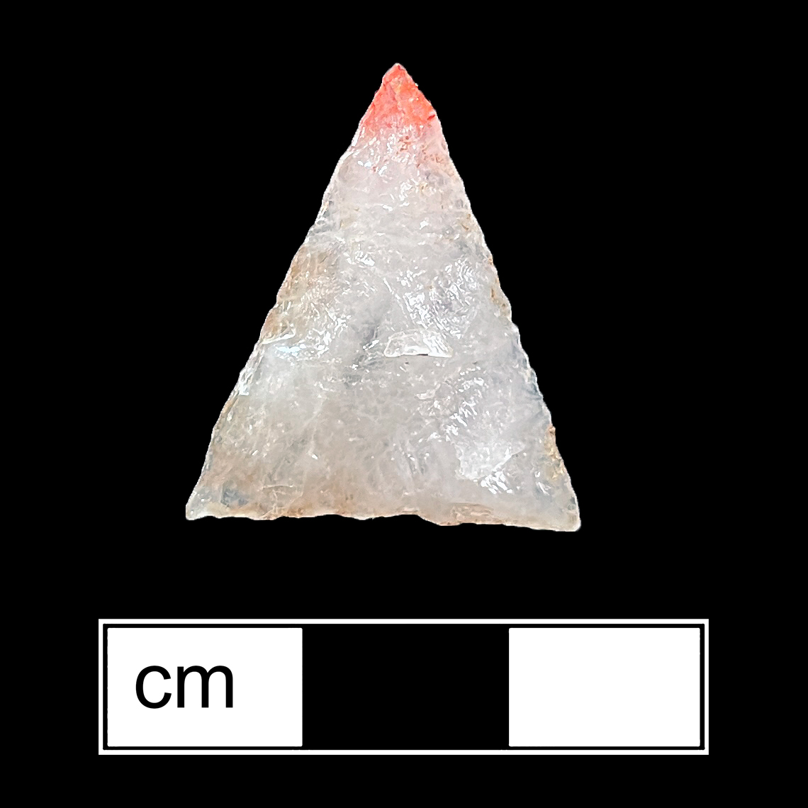 Image of stone projectile point made of Quartz, Triangular shape, with a N/A stem, Straight blade, and Straight base shape. Potomac type.
