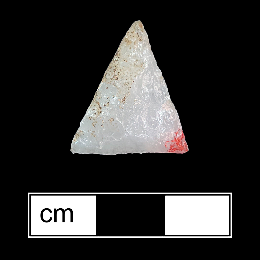Image of stone projectile point made of Quartz, Triangular shape, with a N/A stem, Straight blade, and Straight base shape. Potomac type.