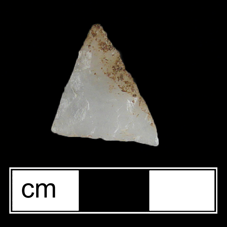 Image of stone projectile point made of Quartz, Triangular shape, with a N/A stem, Straight blade, and Straight base shape. Potomac type.