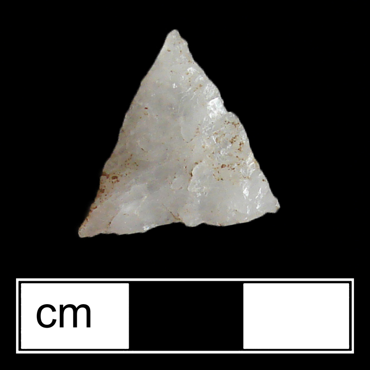 Image of stone projectile point made of Quartz, Triangular shape, with a N/A stem, Straight blade, and Straight base shape. Potomac type.