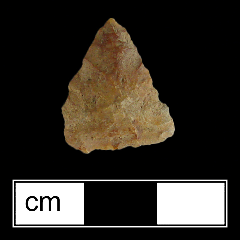 Image of stone projectile point made of Jasper, Triangular shape, with a N/A stem, Straight blade, and Straight base shape. Potomac type.