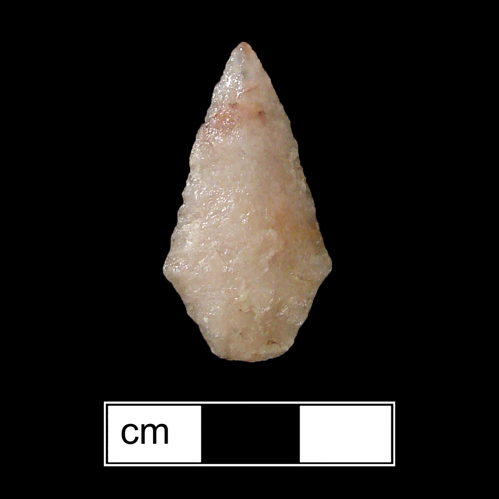 Image of stone projectile point made of Quartz, Contracting Stem shape, with a Contracting stem, Straight blade, and Convex base shape. Rossville type.