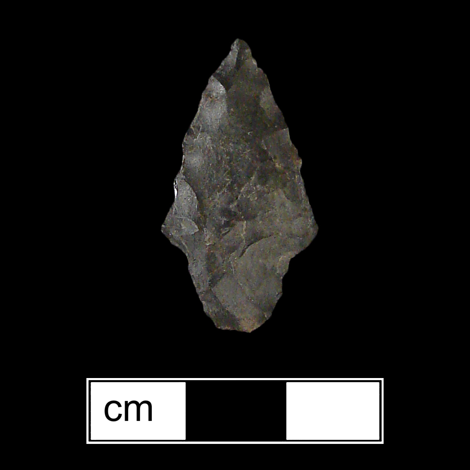 Image of stone projectile point made of Chert, Contracting Stem shape, with a Contracting stem, Straight blade, and Convex base shape. Rossville type.