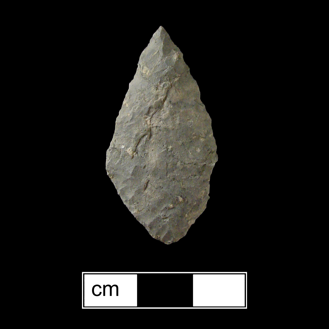 Image of stone projectile point made of Rhyolite, Contracting Stem shape, with a Contracting stem, Excurvate blade, and Convex base shape. Rossville type.