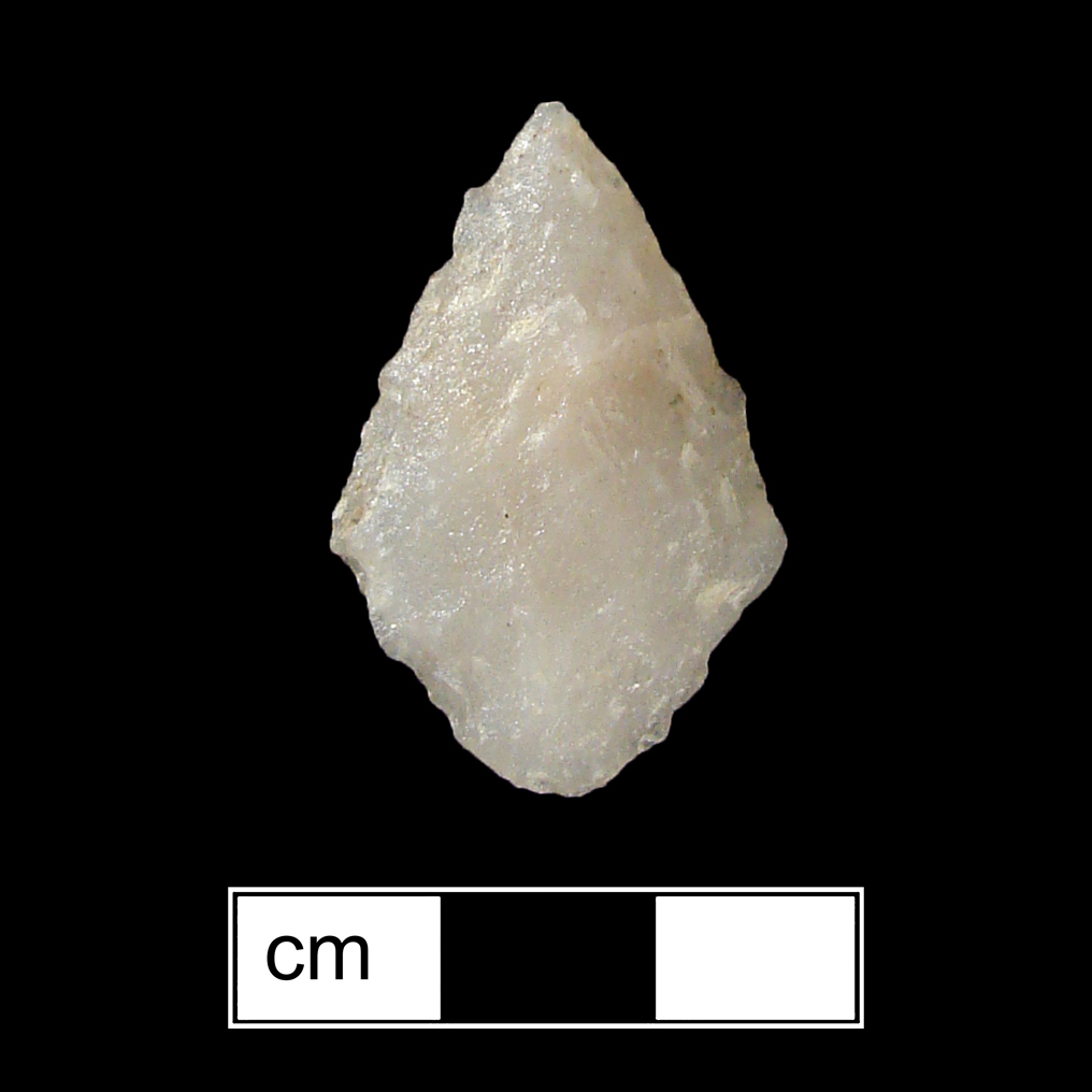 Image of stone projectile point made of Quartz, Contracting Stem shape, with a Contracting stem, Straight blade, and Convex base shape. Rossville type.