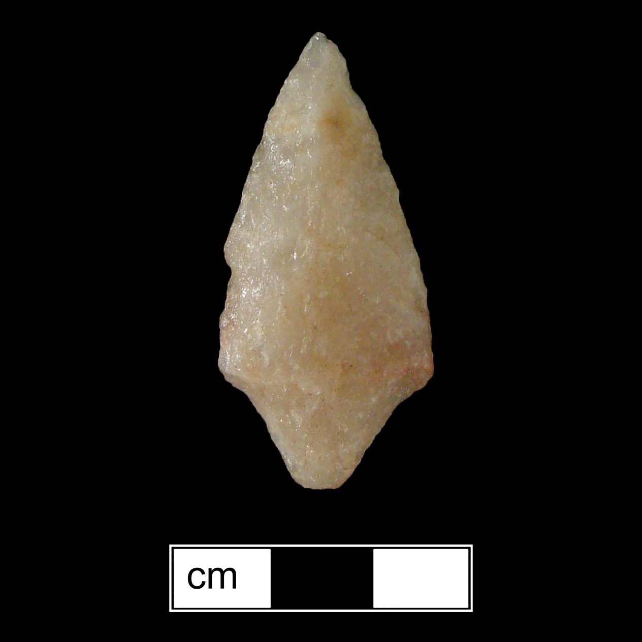Image of stone projectile point made of Quartz, Contracting Stem shape, with a Contracting stem, Excurvate blade, and Convex base shape. Rossville type.
