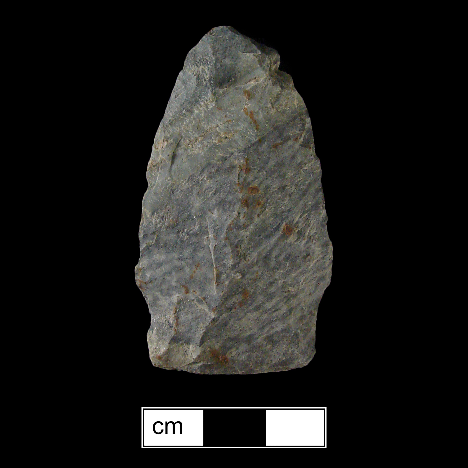 Image of stone projectile point made of Rhyolite, Lanceolate shape, with a Contracting stem, Excurvate blade, and Concave base shape. Selby Bay/Fox Creek type.