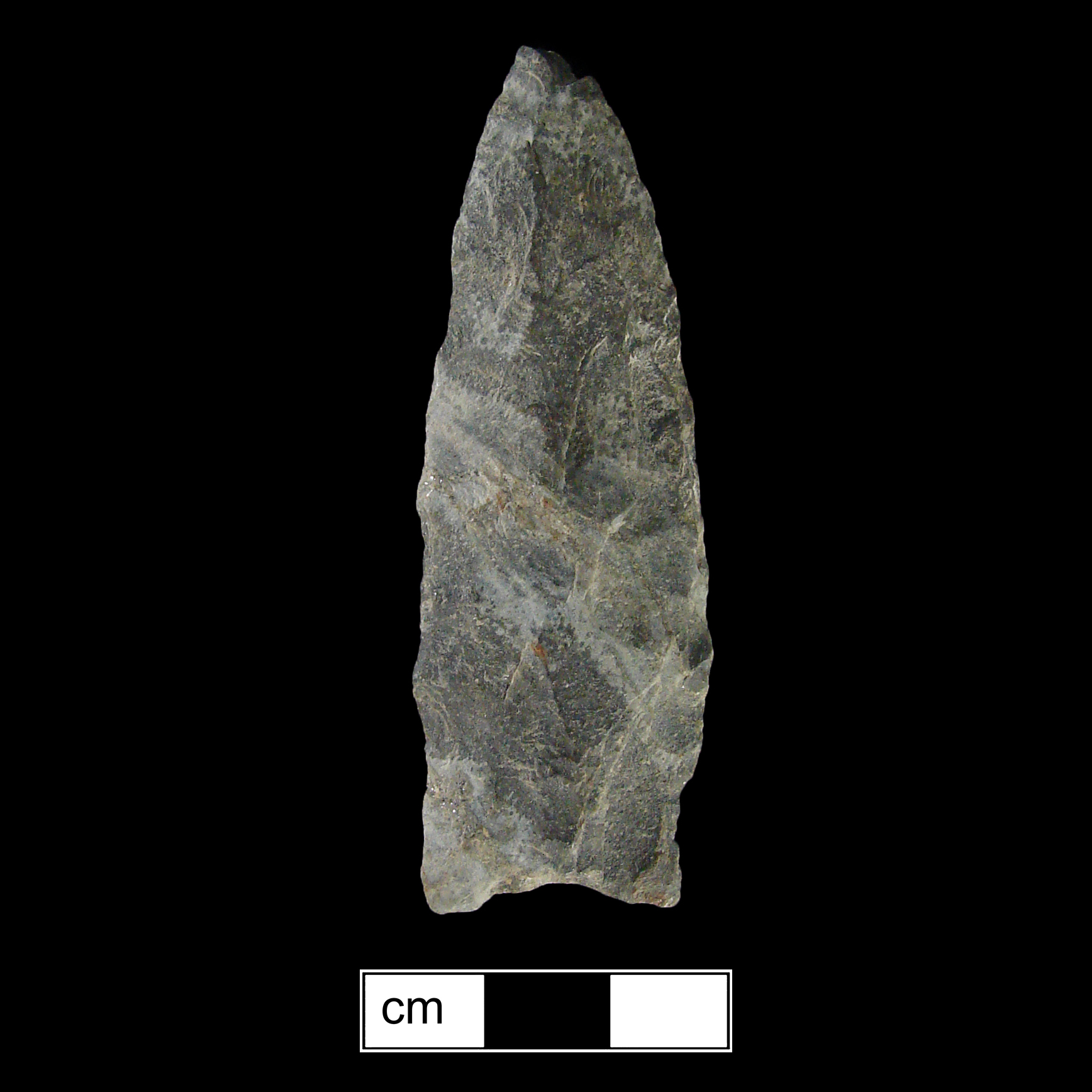 Image of stone projectile point made of Rhyolite, Lanceolate shape, with a N/A stem, Excurvate blade, and Concave base shape. Selby Bay/Fox Creek type.