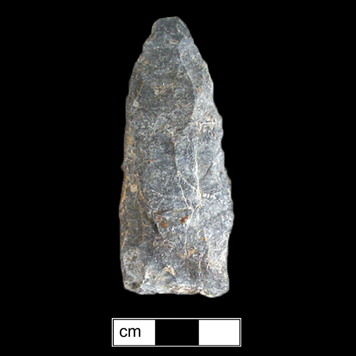 Image of stone projectile point made of Rhyolite, Lanceolate shape, with a Straight stem, Excurvate blade, and Concave base shape. Selby Bay/Fox Creek type.