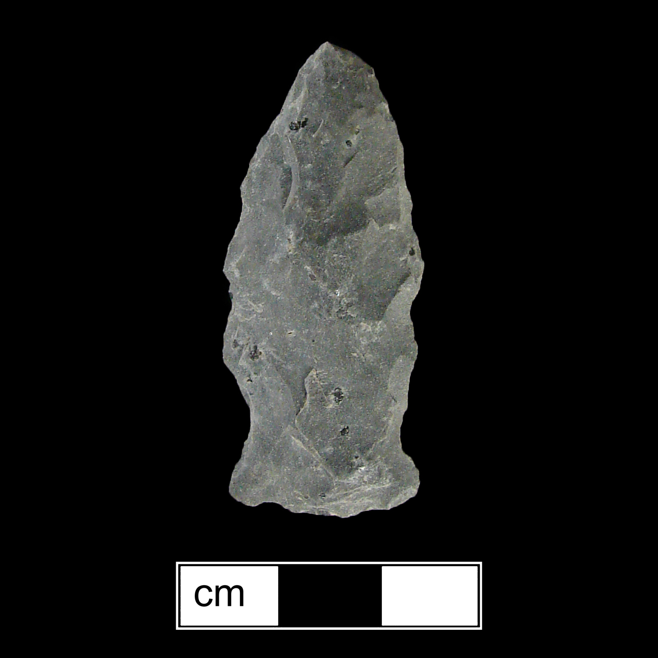 Image of stone projectile point made of Rhyolite, Side-Notched shape, with a Expanding stem, Excurvate blade, and Convex base shape. Selby Bay/Fox Creek type.