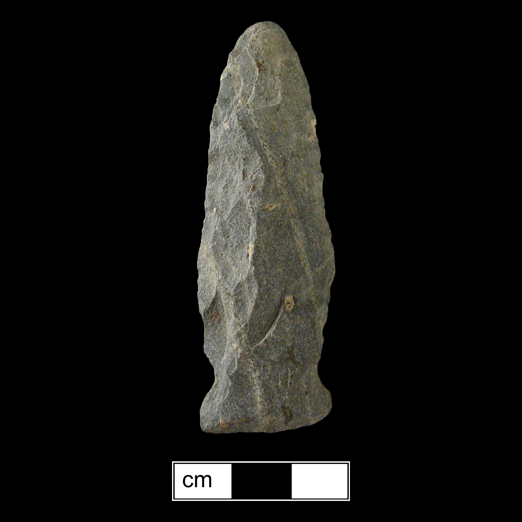 Image of stone projectile point made of Rhyolite, Side-Notched shape, with a Expanding stem, Excurvate blade, and Convex base shape. Selby Bay/Fox Creek type.