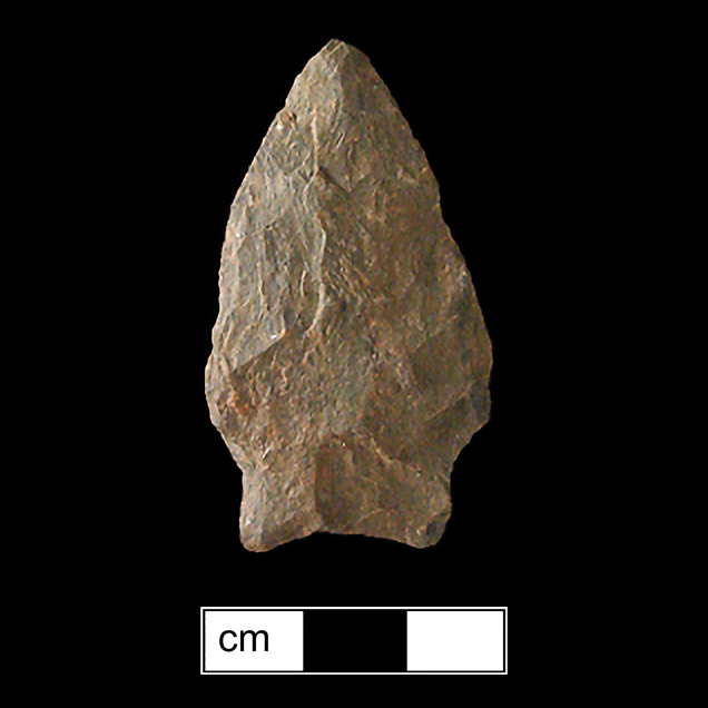 Image of stone projectile point made of Rhyolite, Stemmed shape, with a Straight stem, Excurvate blade, and Straight base shape. Selby Bay/Fox Creek type.