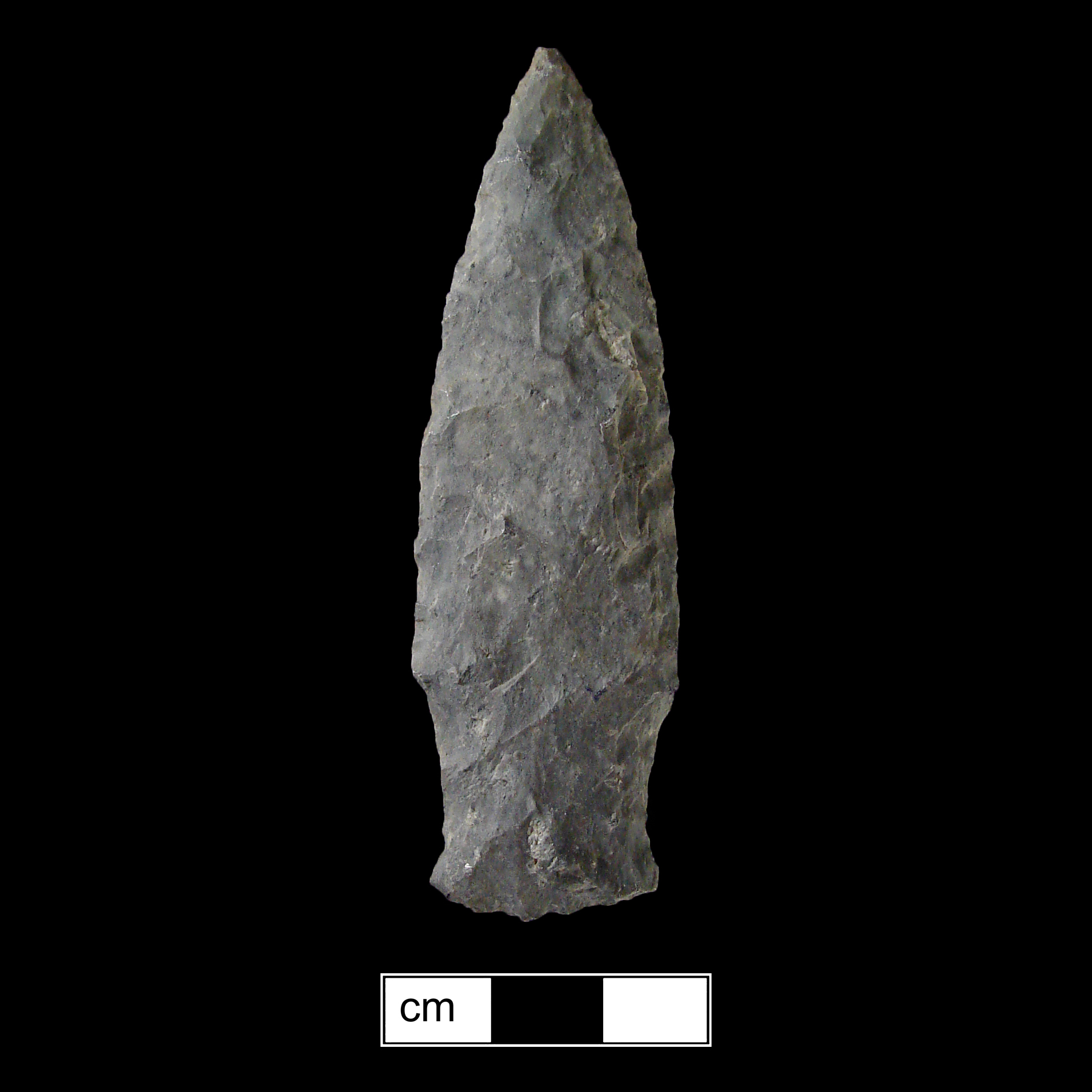 Image of stone projectile point made of Rhyolite, Stemmed shape, with a Straight stem, Excurvate blade, and Concave base shape. Selby Bay/Fox Creek type.