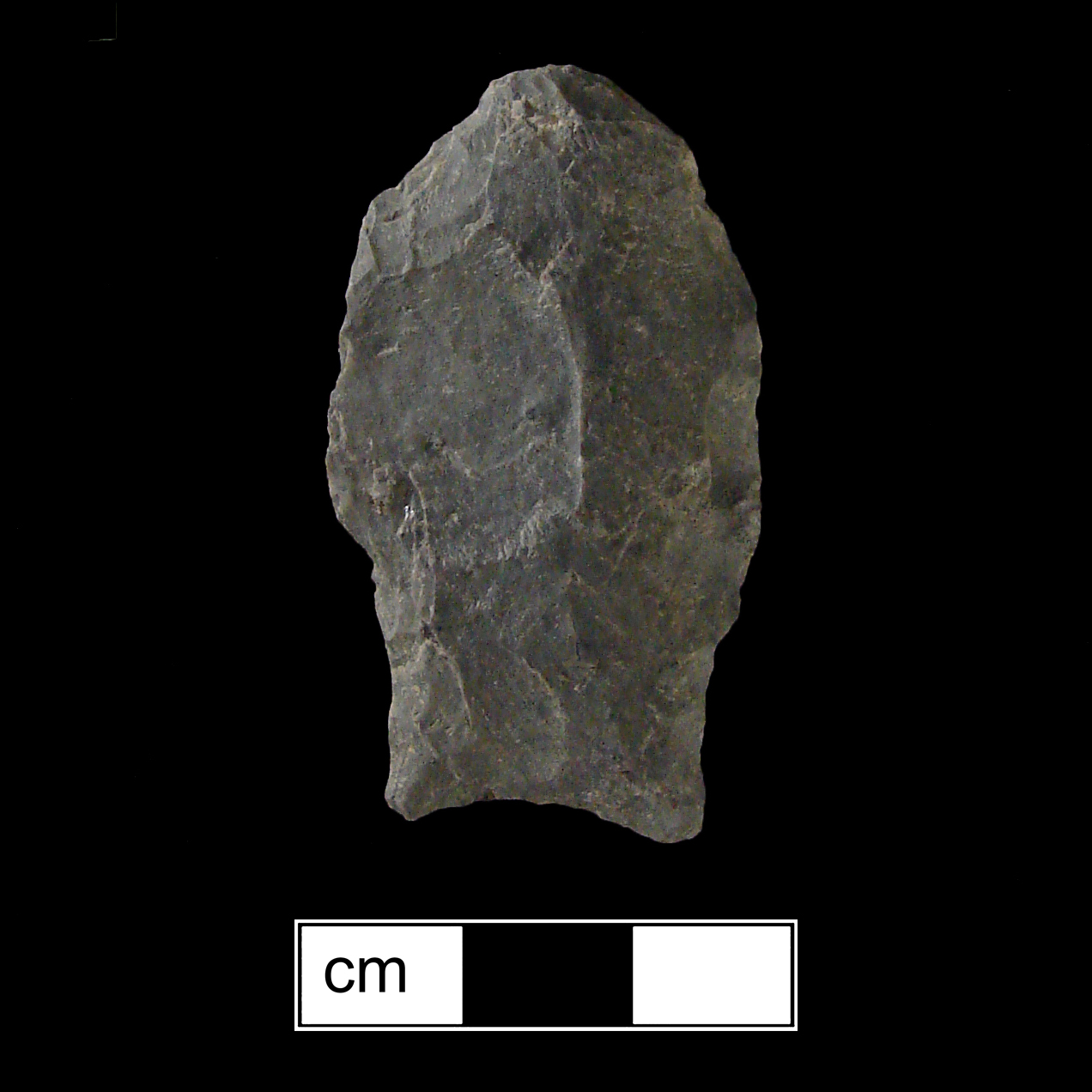 Image of stone projectile point made of Rhyolite, Stemmed shape, with a Straight stem, Excurvate blade, and Concave base shape. Selby Bay/Fox Creek type.