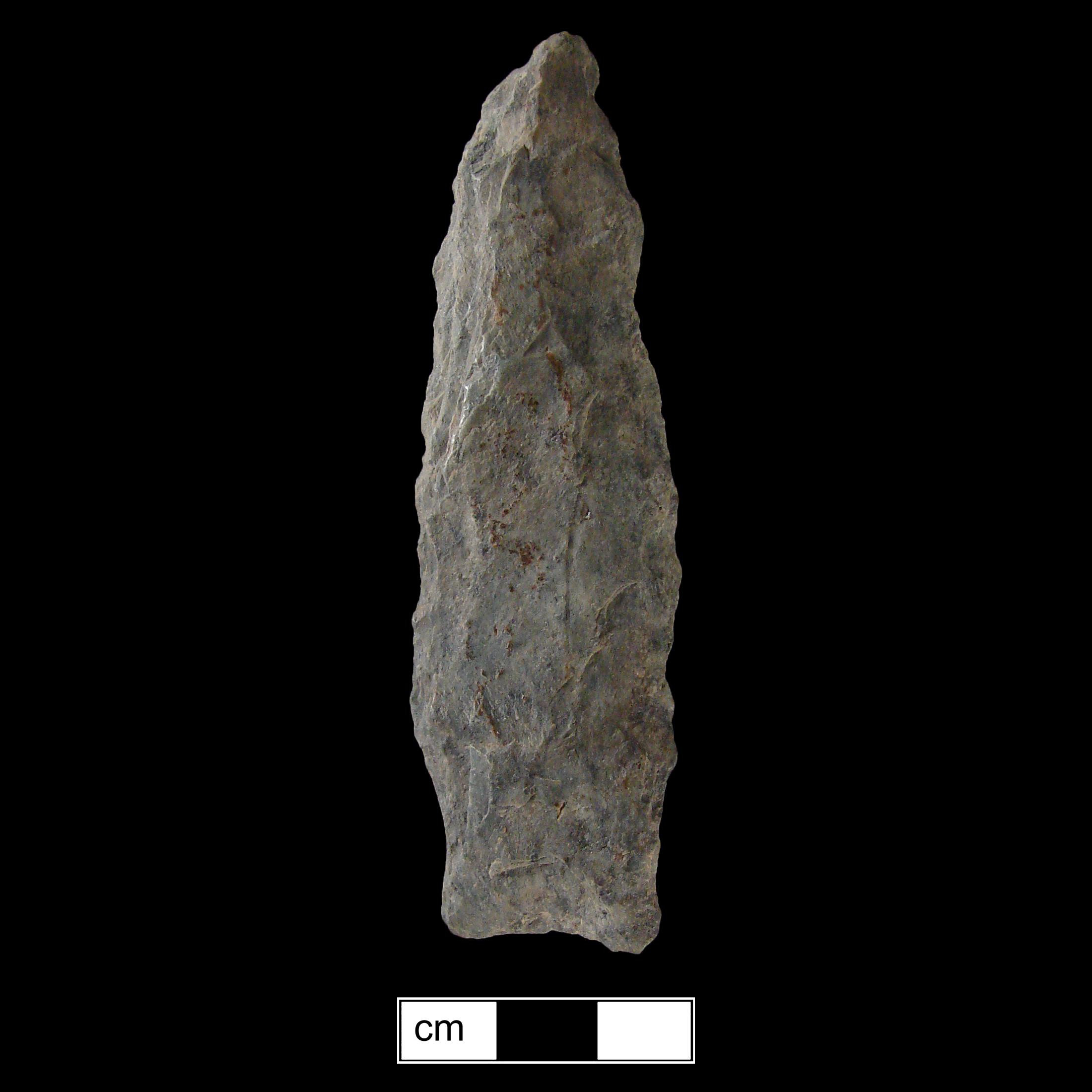 Image of stone projectile point made of Rhyolite, Stemmed shape, with a Straight stem, Excurvate blade, and Concave base shape. Selby Bay/Fox Creek type.