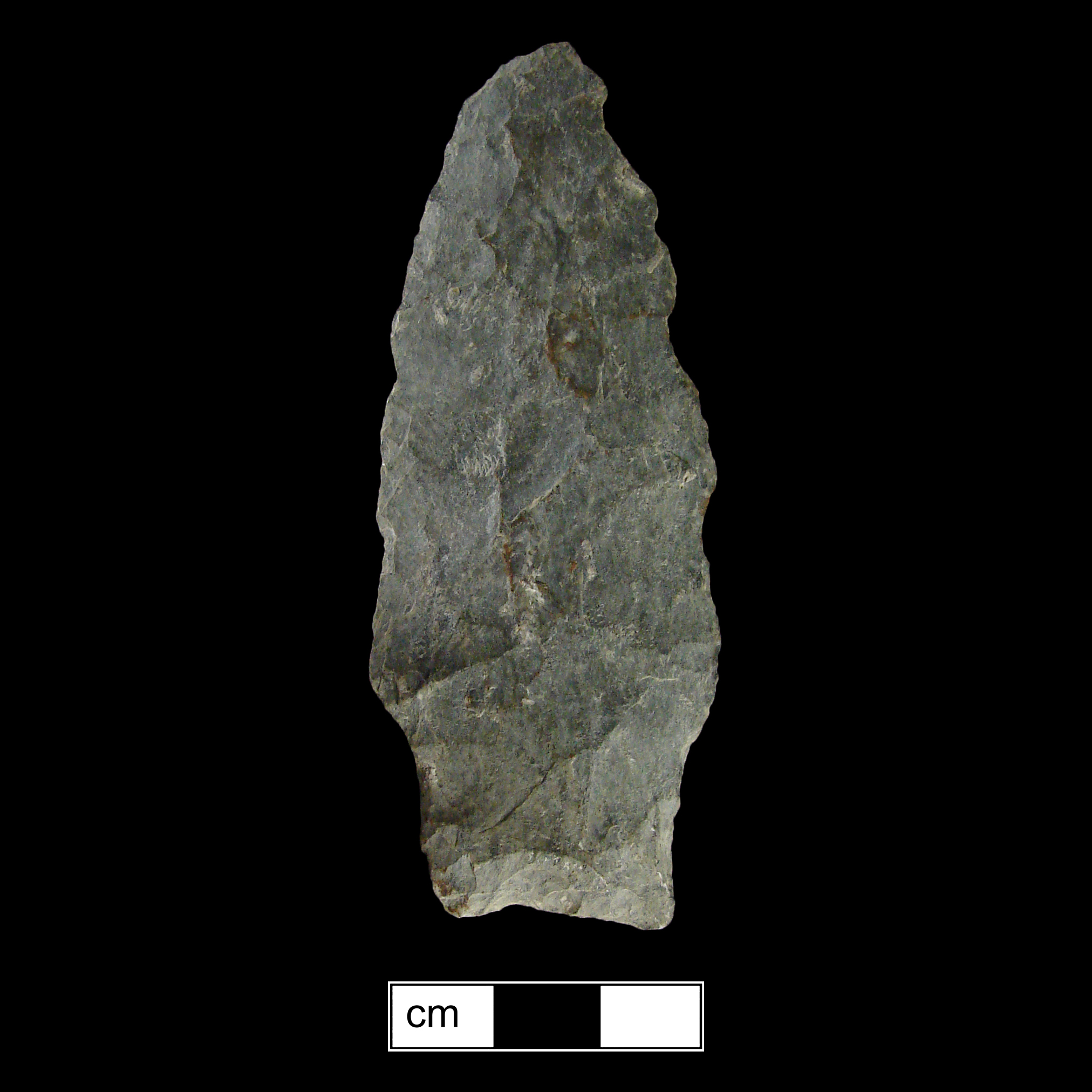 Image of stone projectile point made of Rhyolite, Stemmed shape, with a Straight stem, Excurvate blade, and Straight base shape. Selby Bay/Fox Creek type.