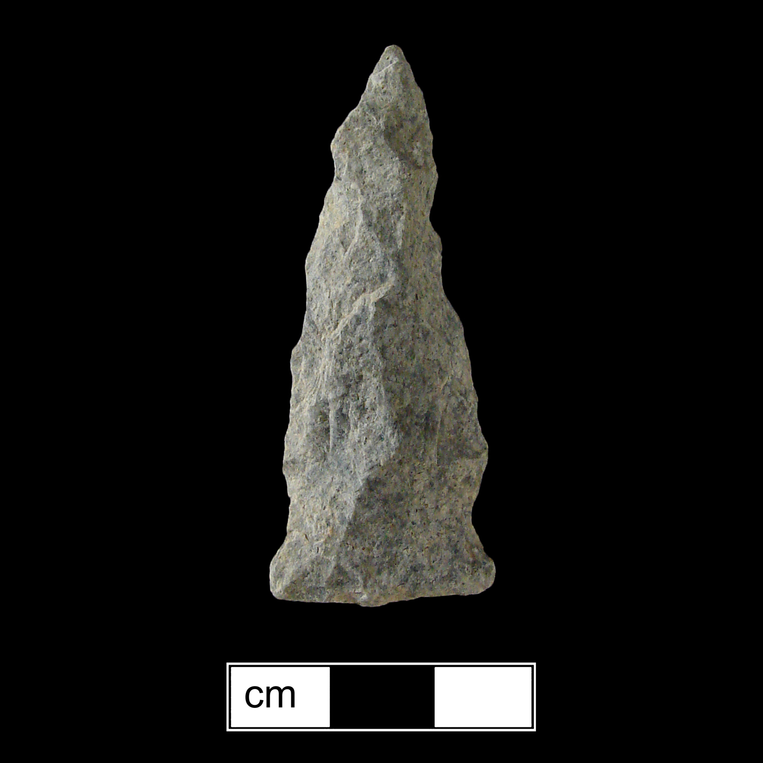 Image of stone projectile point made of Rhyolite, Side-Notched shape, with a Expanding stem, Straight blade, and Straight base shape. Selby Bay/Fox Creek type.