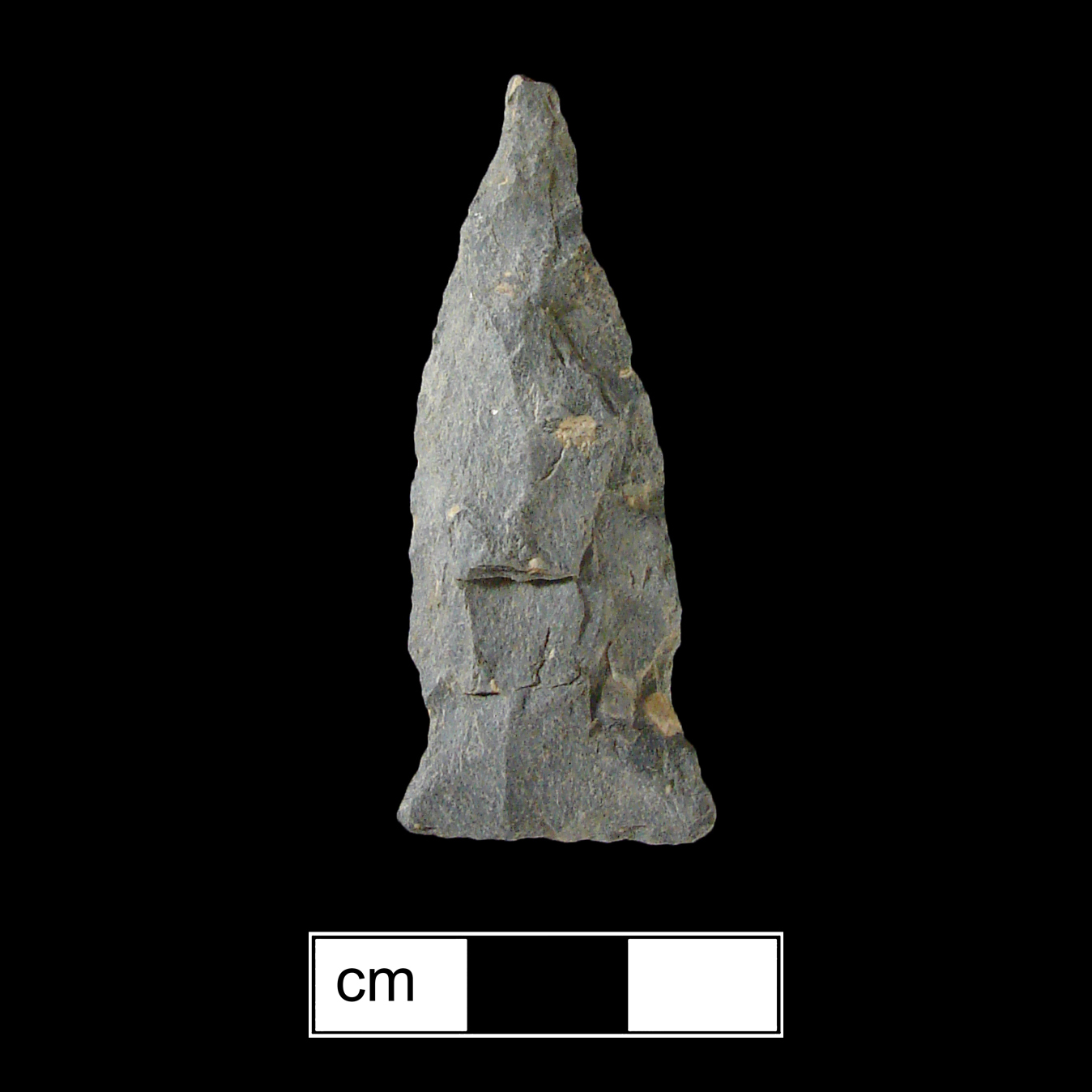 Image of stone projectile point made of Rhyolite, Side-Notched shape, with a Expanding stem, Excurvate blade, and Straight base shape. Selby Bay/Fox Creek type.