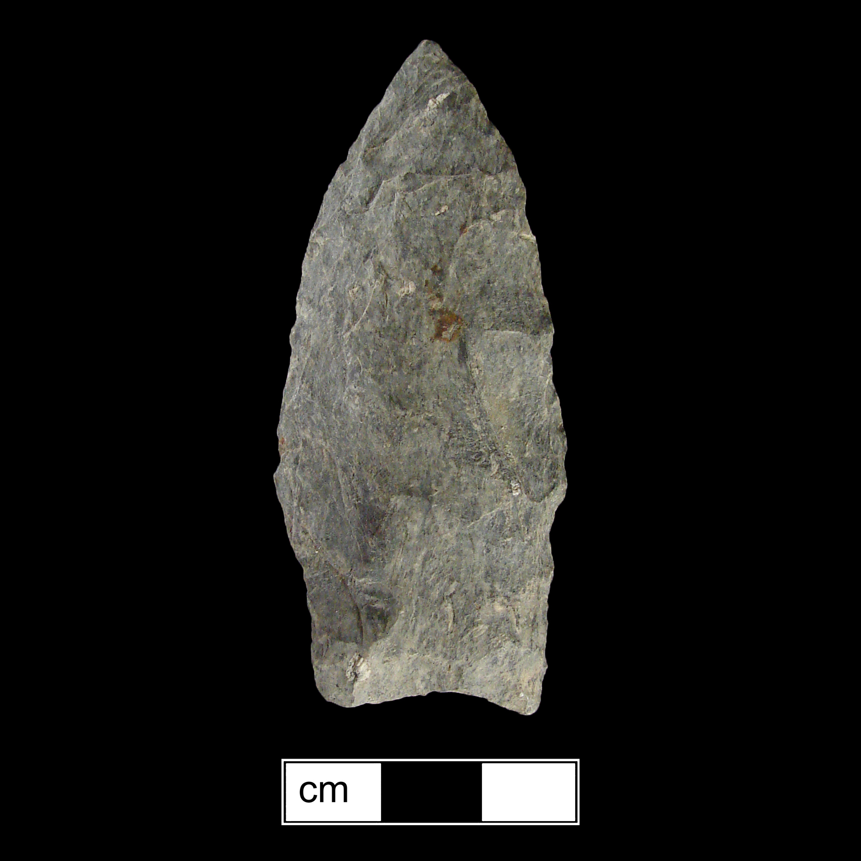 Image of stone projectile point made of Rhyolite, Stemmed shape, with a Straight stem, Excurvate blade, and Straight base shape. Selby Bay/Fox Creek type.