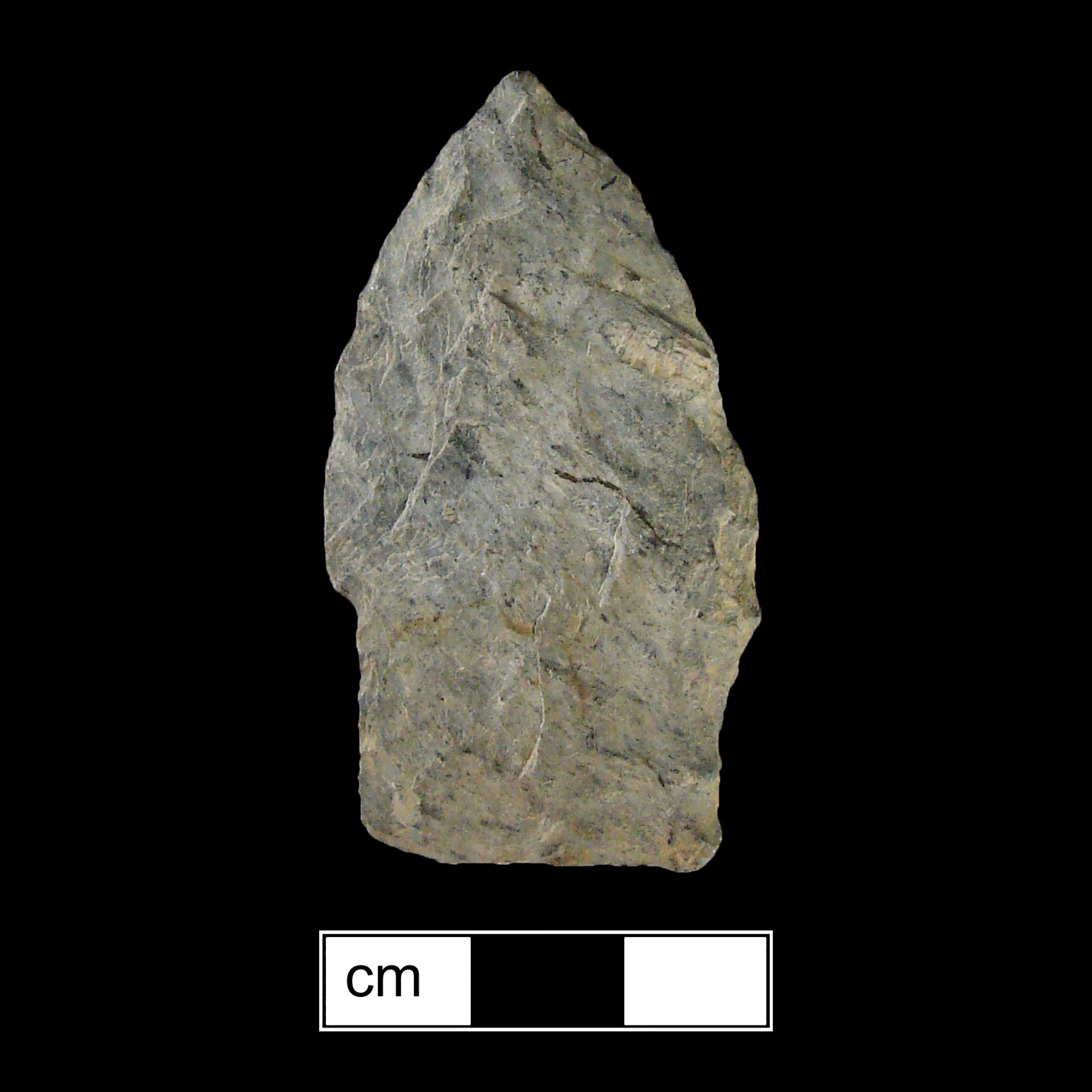 Image of stone projectile point made of Rhyolite, Stemmed shape, with a Straight stem, Excurvate blade, and Concave base shape. Selby Bay/Fox Creek type.