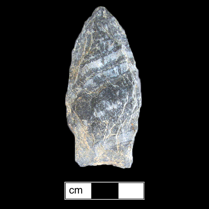 Image of stone projectile point made of Rhyolite, Stemmed shape, with a N/A stem, Excurvate blade, and Straight base shape. Selby Bay/Fox Creek type.