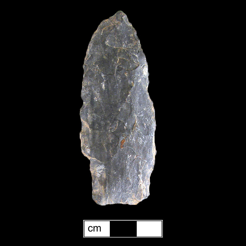 Image of stone projectile point made of Rhyolite, Stemmed shape, with a Straight stem, Excurvate blade, and Concave base shape. Selby Bay/Fox Creek type.