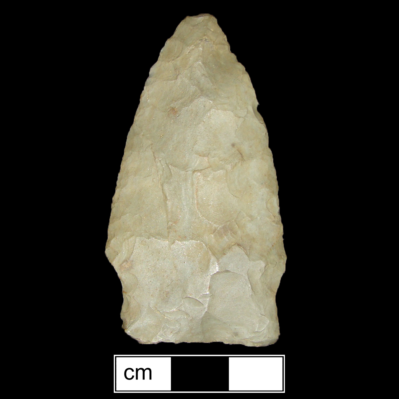 Image of stone projectile point made of Chert, Stemmed shape, with a Expanding stem, Excurvate blade, and Straight base shape. Selby Bay/Fox Creek type.