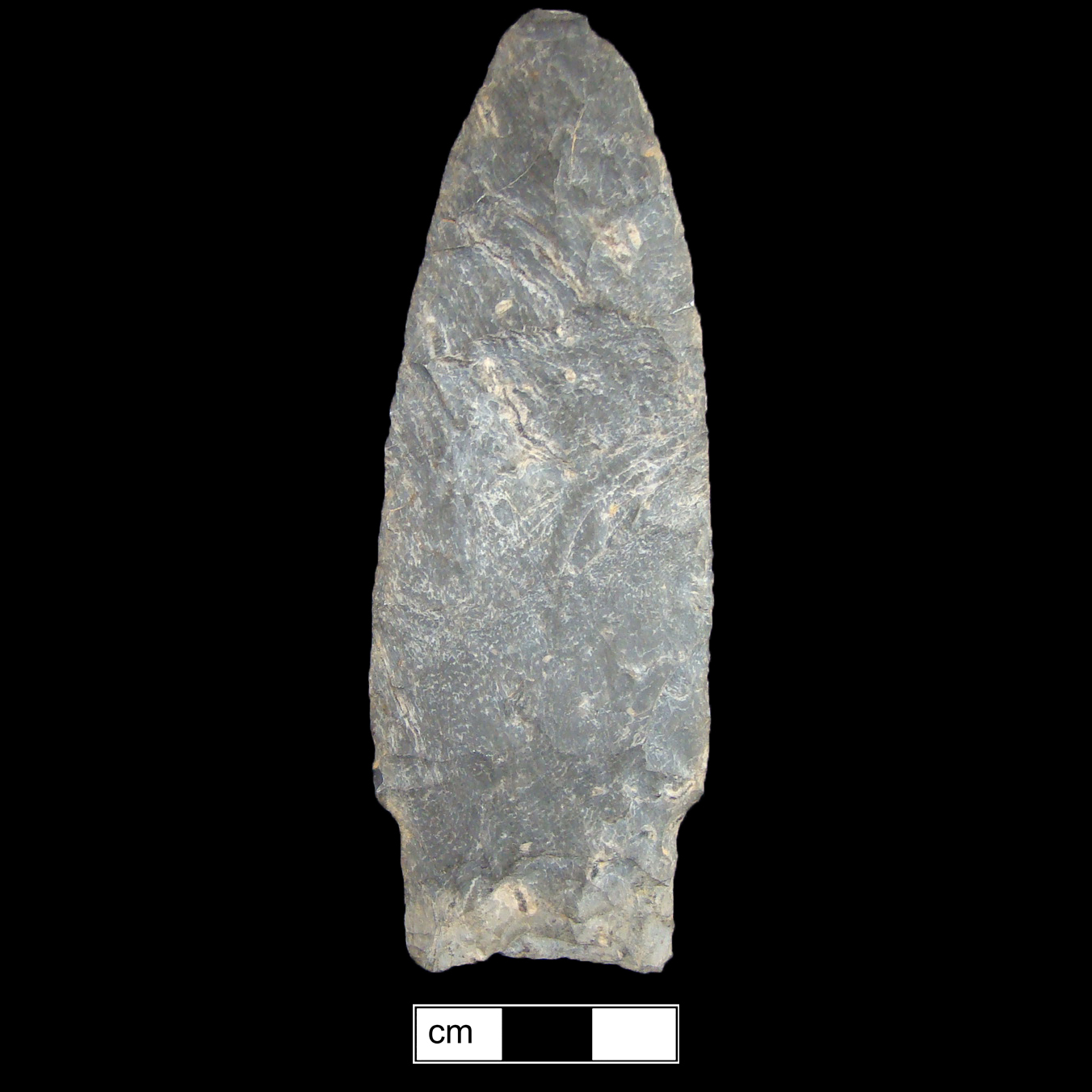 Image of stone projectile point made of Rhyolite, Stemmed shape, with a Straight stem, Excurvate blade, and Concave base shape. Selby Bay/Fox Creek type.