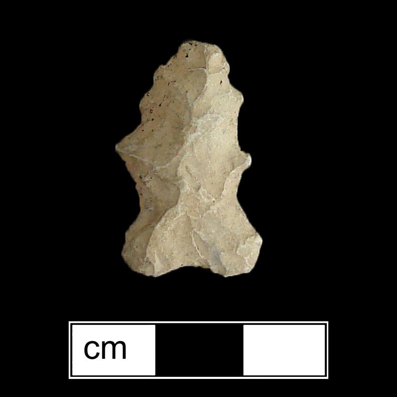Image of stone projectile point made of Metarhyolite, Bifurcate shape, with a Expanding stem, Serrated blade, and Bifurcate base shape. St. Albans type.