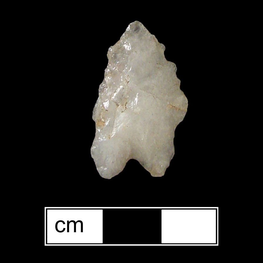 Image of stone projectile point made of Quartz, Bifurcate shape, with a Expanding stem, Excurvate blade, and Bifurcate base shape. St. Albans type.