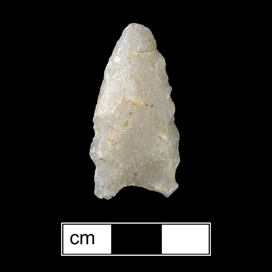 Image of stone projectile point made of Quartz, Lanceolate shape, with a N/A stem, Excurvate blade, and Concave base shape. St. Albans type.