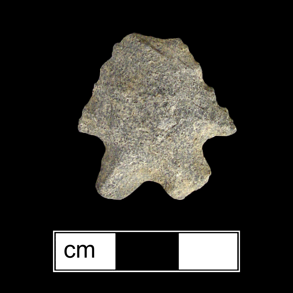 Image of stone projectile point made of Rhyolite, Bifurcate shape, with a Expanding stem, Straight blade, and Bifurcate base shape. St. Albans type.