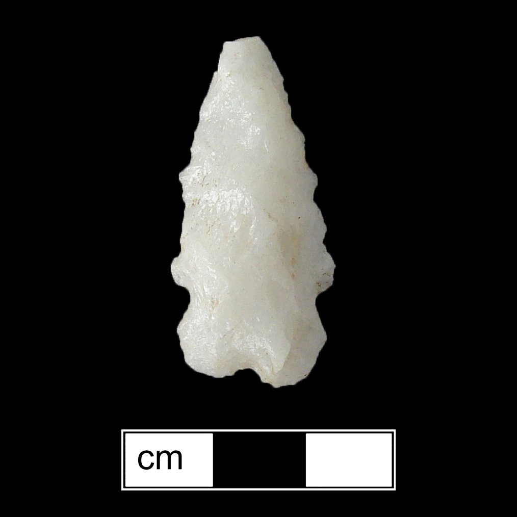Image of stone projectile point made of Quartz, Bifurcate shape, with a Expanding stem, Excurvate blade, and Bifurcate base shape. St. Albans type.