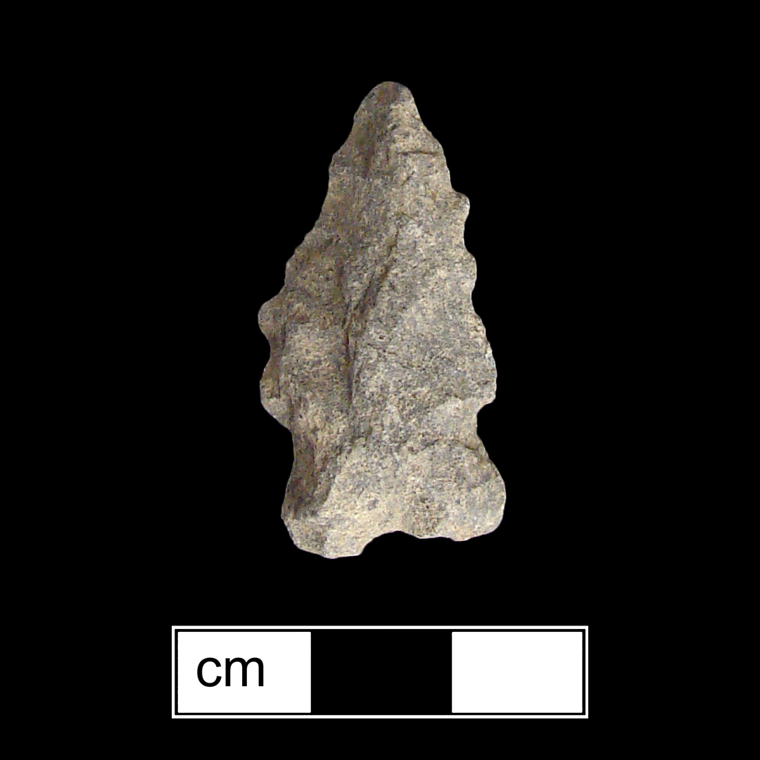 Image of stone projectile point made of Rhyolite, Bifurcate shape, with a Expanding stem, Straight blade, and Bifurcate base shape. St. Albans type.