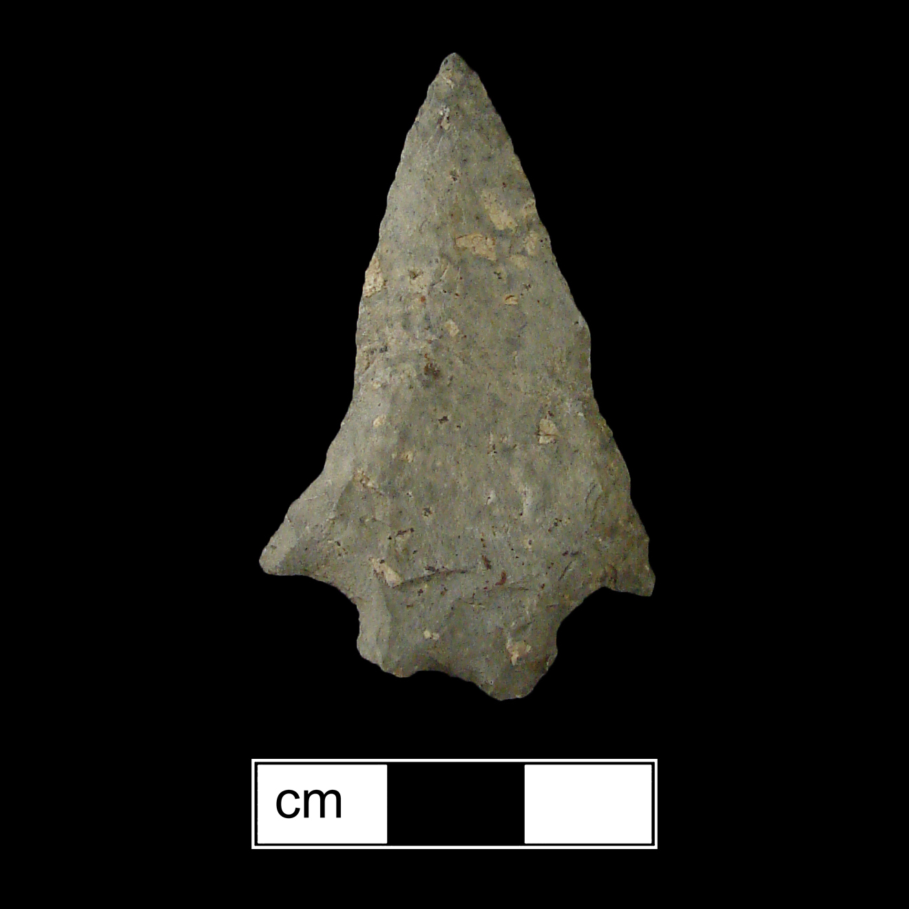 Image of stone projectile point made of Rhyolite, Bifurcate shape, with a Straight stem, Straight blade, and Bifurcate base shape. Stanly type.