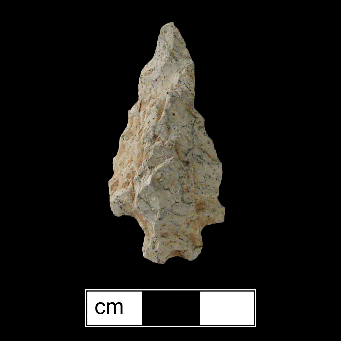 Image of stone projectile point made of Rhyolite, Bifurcate shape, with a Straight stem, Straight blade, and Bifurcate base shape. Stanly type.