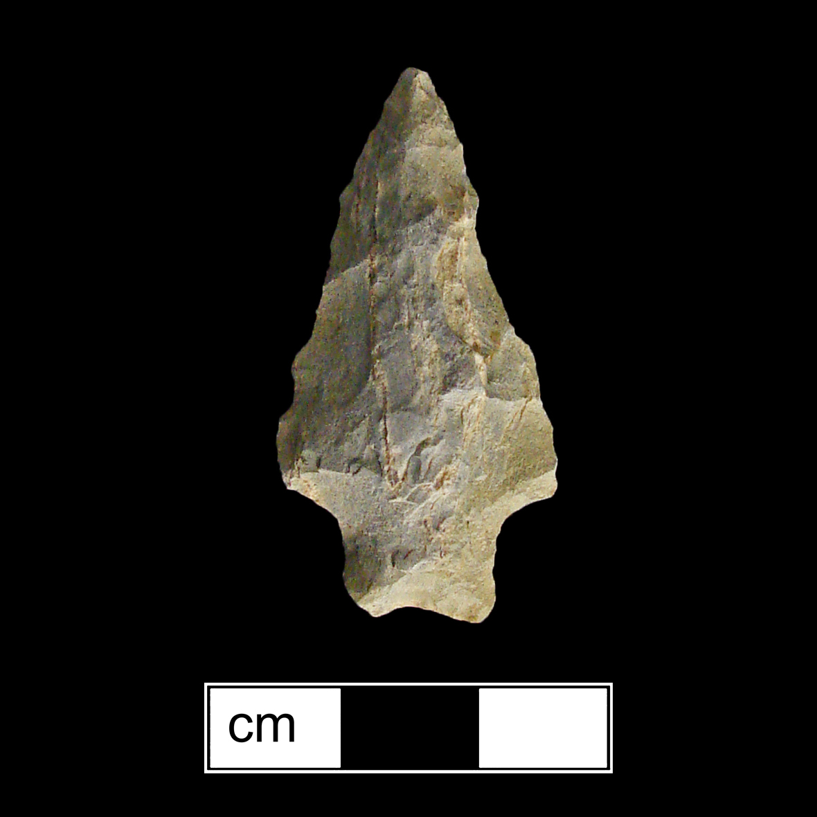 Image of stone projectile point made of Quartzite, Bifurcate shape, with a Straight stem, Straight blade, and Bifurcate base shape. Stanly type.